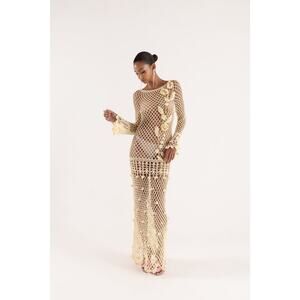 NWT ANDREEVA Butter Yellow Vanilla Handmade Crochet Mesh Maxi Dress XS Resort